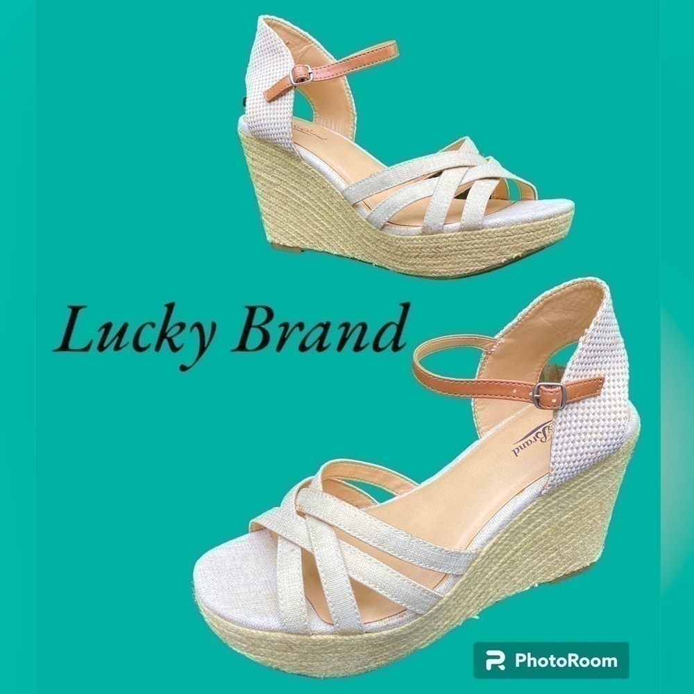 Lucky Brand KALLEY Wedge 4” Heel Espadrille Sandals Natural Beige Size 10 GUC!!!